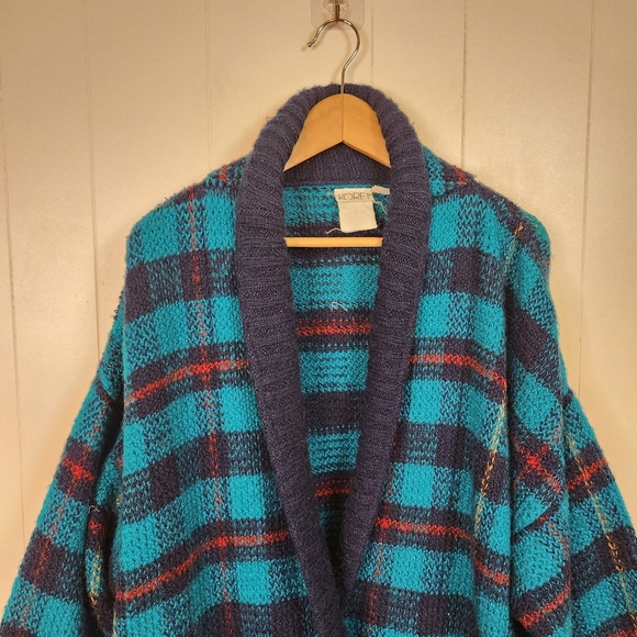 Vintage 1980s Oversized Knit Cardigan Sweater Blue Plaid Shawl Collar Preppy - Picture 5 of 10